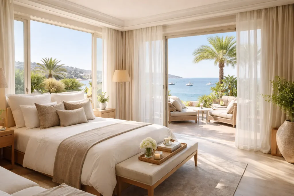 Chambre d'hôtel avec terrasse et vue mer à Saint-Tropez