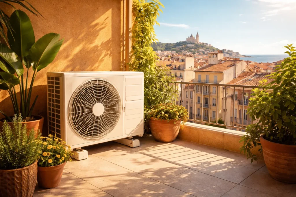 Climatiseur installé sur un balcon avec vue sur Marseille
