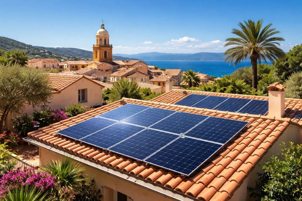Panneaux photovoltaïques sur toiture avec vue sur la baie de Saint-Tropez