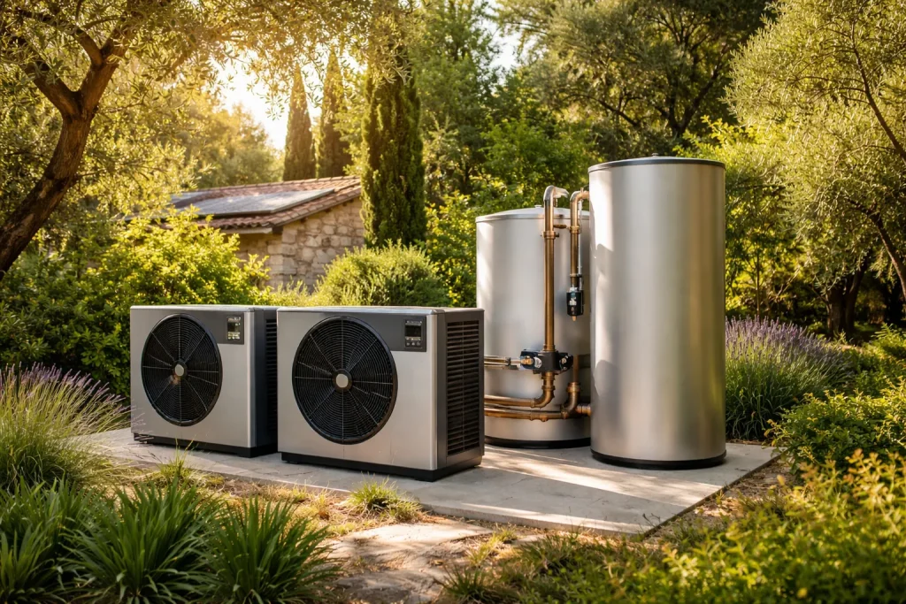 Pompes à chaleur et ballons thermodynamiques installés dans un jardin à Lourmarin