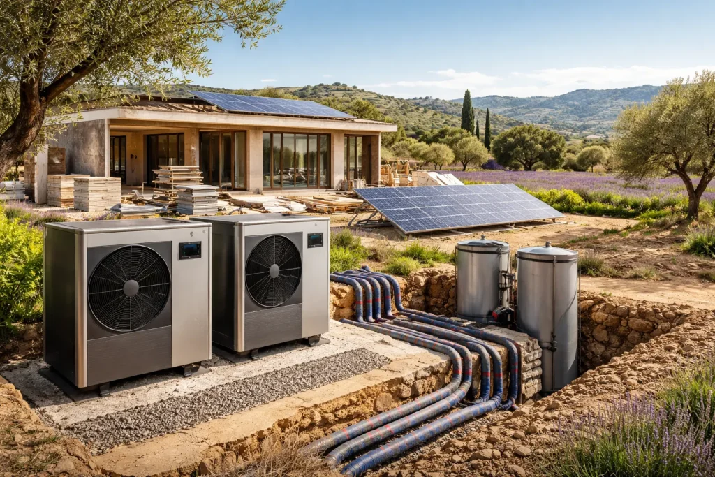Chantier de construction neuve avec pompes à chaleur et panneaux solaires en Provence