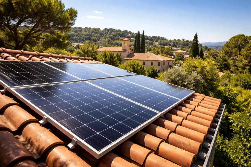 Panneaux solaires sur une toiture en tuiles à Bouc-Bel-Air