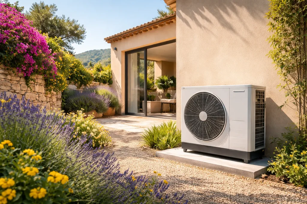 Pompe à chaleur installée dans un jardin à Aix-en-Provence